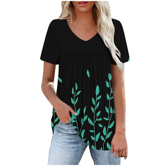 ZVAVZ Summer Shirts for Women Plus Size,Women Floral Prnted Pleated Tees Short Sleeve V Neck Blouse Hawaiian Shirts for Women Clearance Sales Today Black M