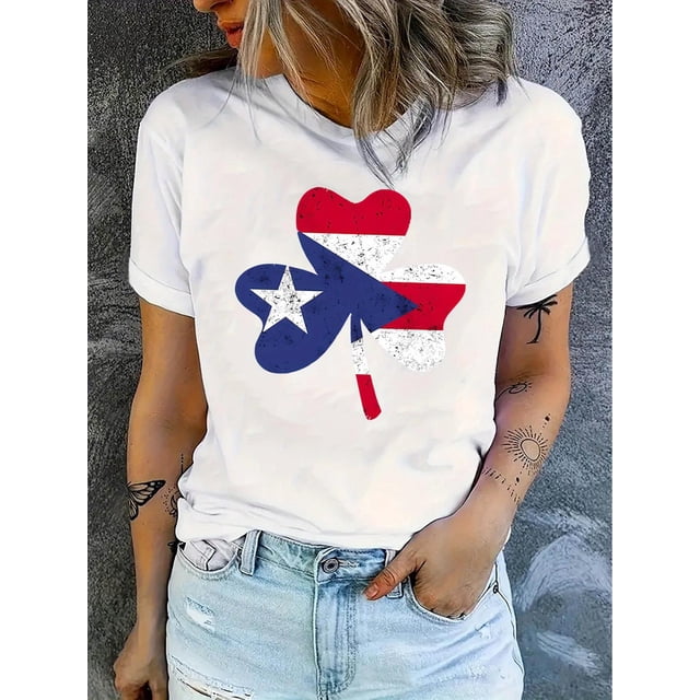 Camiseta de mujer Trajes de verano Traje Camiseta de cuello redondo para viajes de compras deportivas Women's Patriotic Clover Flag Print T-Shirt - Casual Crew Neck Short Sleeve, Comfortable Summe