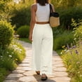 thumbnail image 4 of Womens Linen Lace Trim Pants Summer Boho Elastic Waist Wide Leg Palazzo Pants Flowy Pull on Vacation Beach Pants, L, 4 of 7