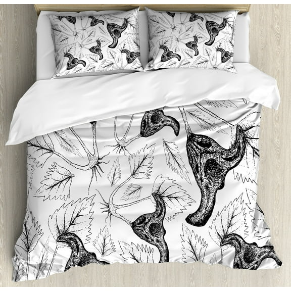 Botanical Duvet Cover Set Queen Size, Repetitive Monochromatic Sketchy Pattern of Leaves and Water Caltrop, Decorative 3 Piece Bedding Set with 2 Pillow Shams, Charcoal Grey and White, by Ambesonne