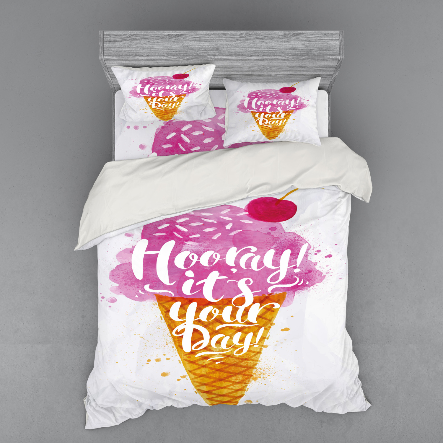 Ice Cream Duvet Cover Set, Hooray! Its Your Day Phrase with Ice Cream