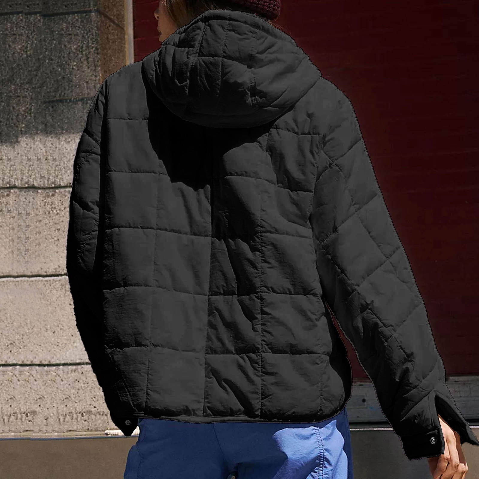 GEWSEY Quilted Puffer Jacket Womens with Hood Packable Pullover Jacket Lightweight Oversized Winter Warm Padded Coats (Black, M)