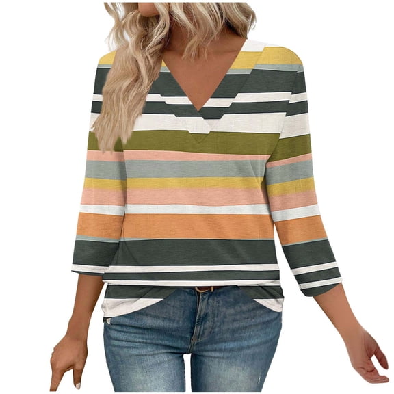 XUNKUSGA Shirts for Women Casual V Neck 3/4 Sleeve Tops for Women Trendy Comfortable Breathable Ladies Tops and Blouses Basic Tops for Woman S-2XL Green