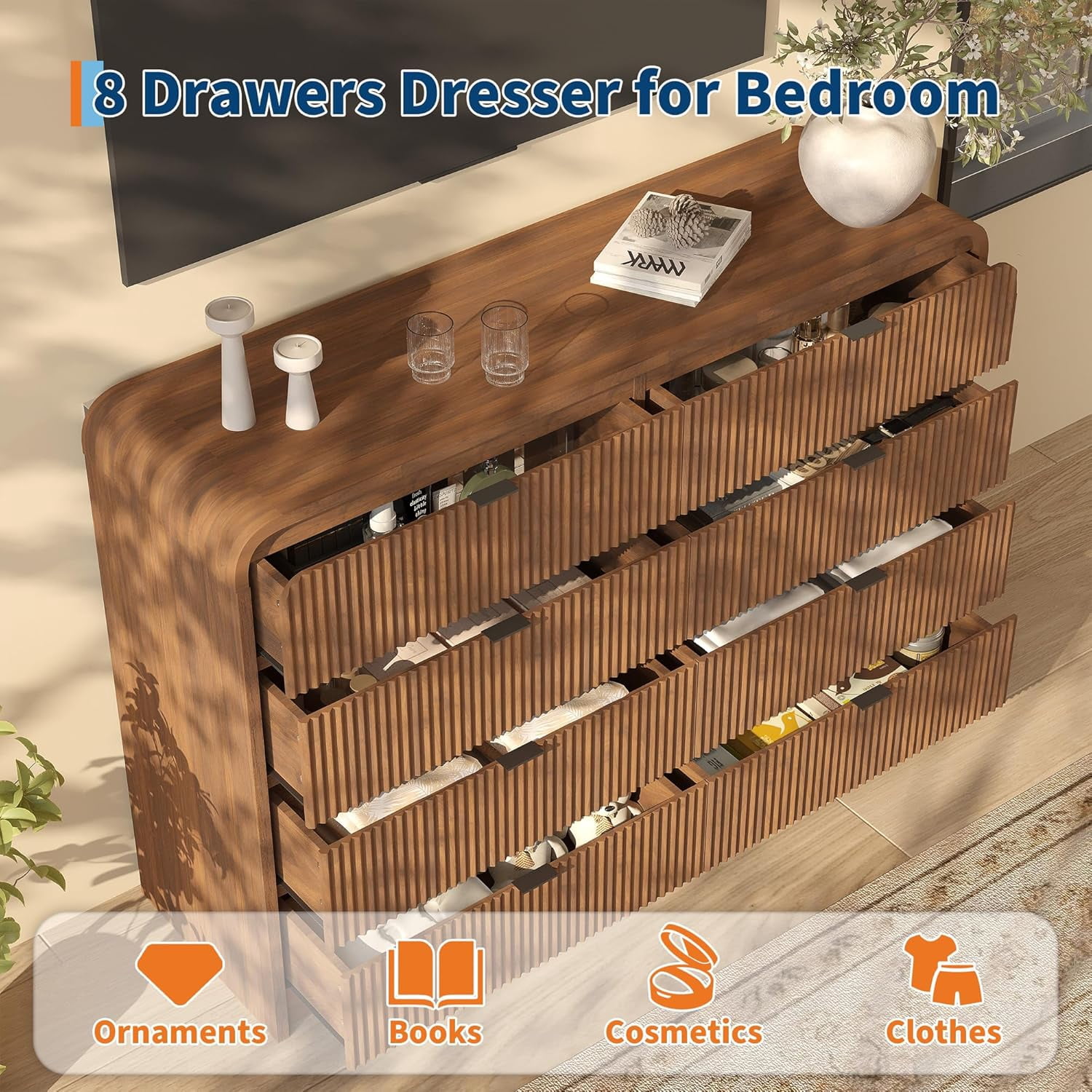 Fluted 8-Drawer Wide Dresser, Walnut Wood Chest with Rounded Edge for Bedroom, Living Room, Hallway
