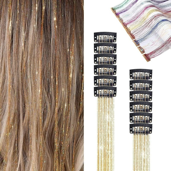 12 pcs Hair Tinsel With Clips, Champagne Hair Tinsel Clips, 𝐓𝐢𝐧𝐬𝐞𝐥 Hair Extensions Clip In Champagnes, 23 Inch Glitter Hair Extensions, Fairy Hairs Kit,  (12*pcs Champagne,kkl)