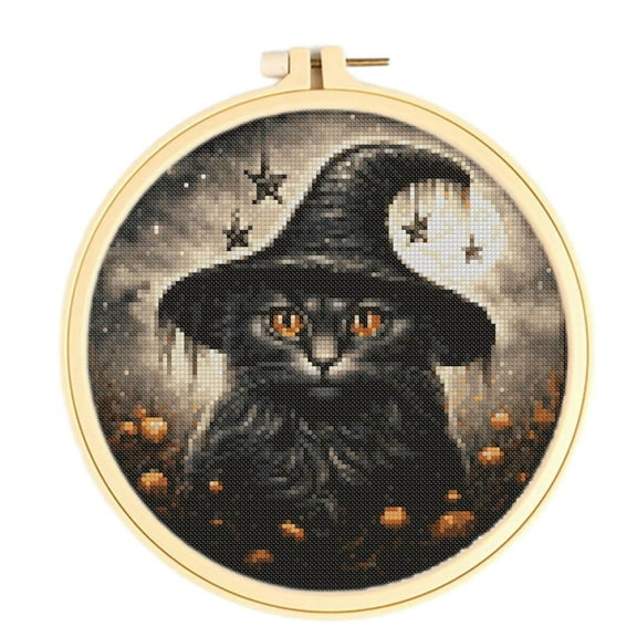Stamped Cross Stitch Kits with Hoop for Starter Kits Black Witch Cat DIY 11CT Pre-printed Patterns Needlepoint Embroidery Needlework Kit Set Supplies with Hoop 38x38cm