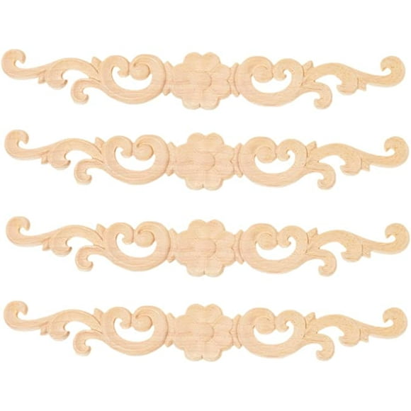 Wood Carved Onlays Appliques, Long Carvings Overlays Decor, Rosette Inlay Decals Ornaments For Drawers Door Cabinet Mirror Dresser Wall Mantels Euro Furniture Crafts(4-Pack)