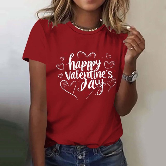 Ounisa T-Shirts pour Femmes Col Rond Mignon Cœur Lettre Graphique Manches Courtes Hauts d'Été