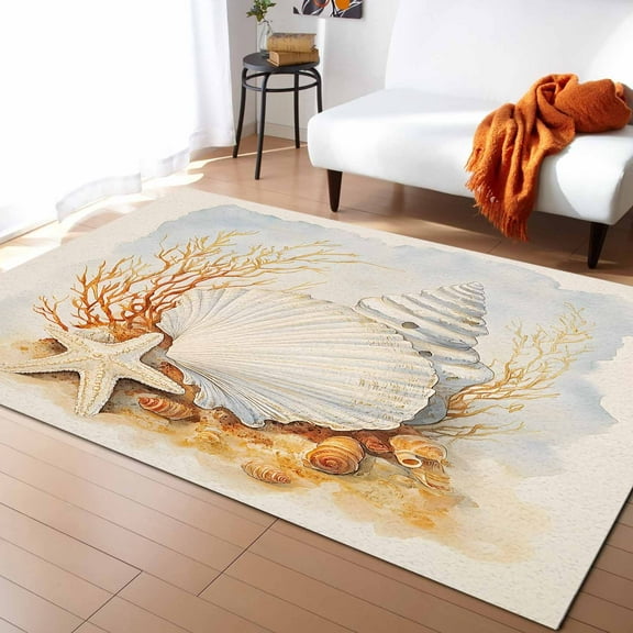 Area Rugs 2x3 Ft Vintage Shell Starfish Coastal Ocean Coral Non-Slip Washable Rug Indoor Rug Floor Mats Non Shedding Carpet for Living Room Bedroom Dining Room Home Decor