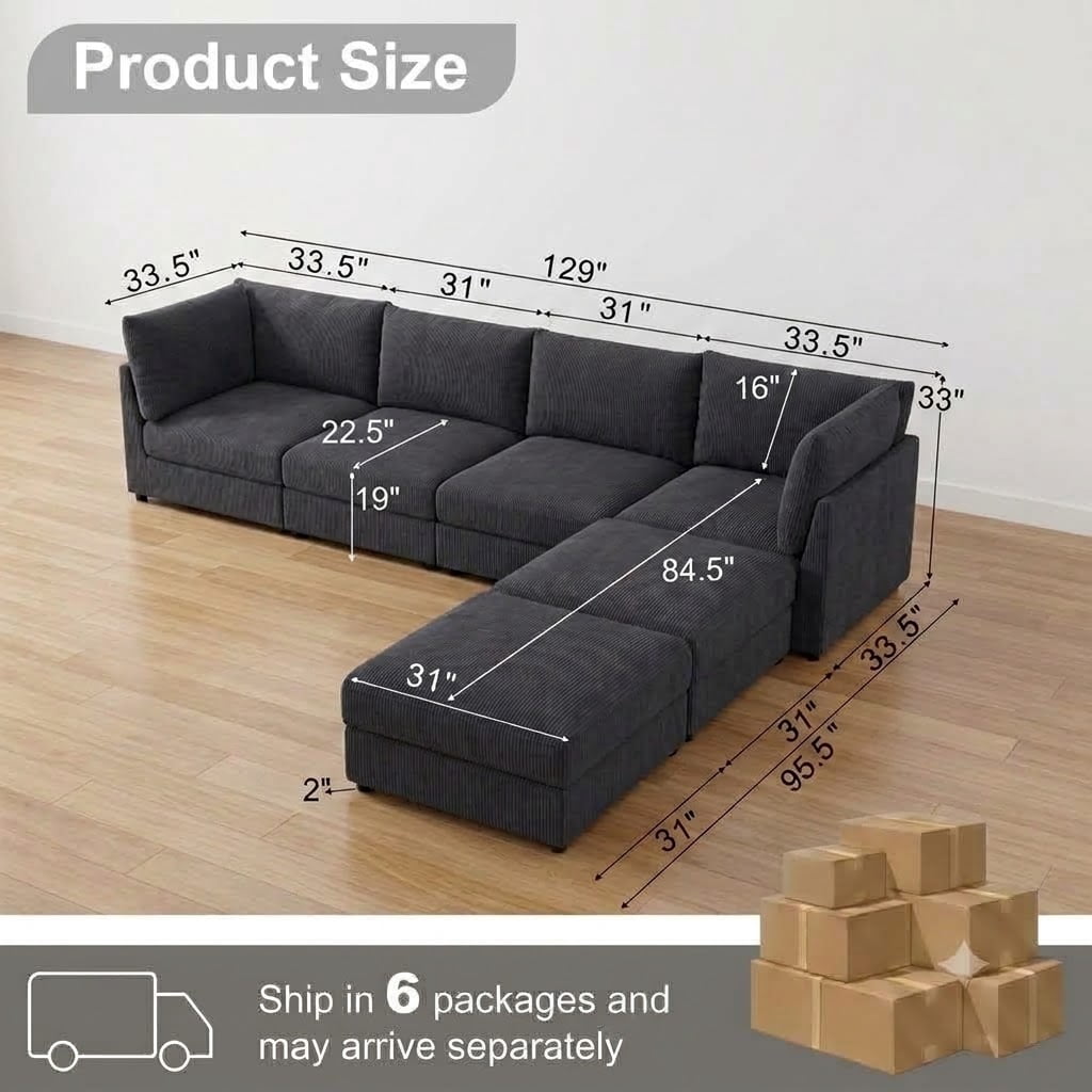Howcool Cloud Couch Modular Sectional Sofa 6 Seat 129" L Shaped Reversible Convertible Couch, Corduroy Thick Cushion with Movable Ottomans, Washable Removable Cover for Living Room,Black