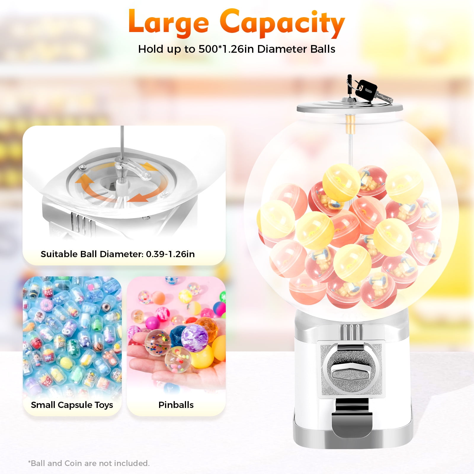 Vending Machine, Candy Vending Machine for Capsule Small Candy Nuts Bouncy Balls,for Game Stores and Retail Stores, 18"Height White