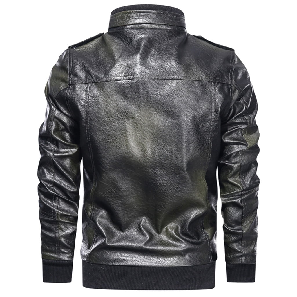 Homenesgenics Men's Leather Jacket Coats Men's Fashion Jacket Pure Color Zipper Stand Collar Imitation Leather Coat Tops