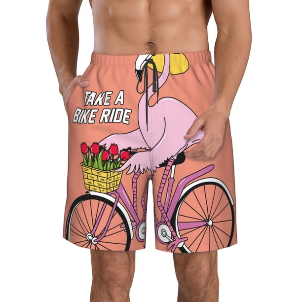 Balery Flamingo Riding a Bicycle Traje de Baño Estilo Hawaiano para Hombre, Shorts de Secado Rápido con Bolsillos-Large