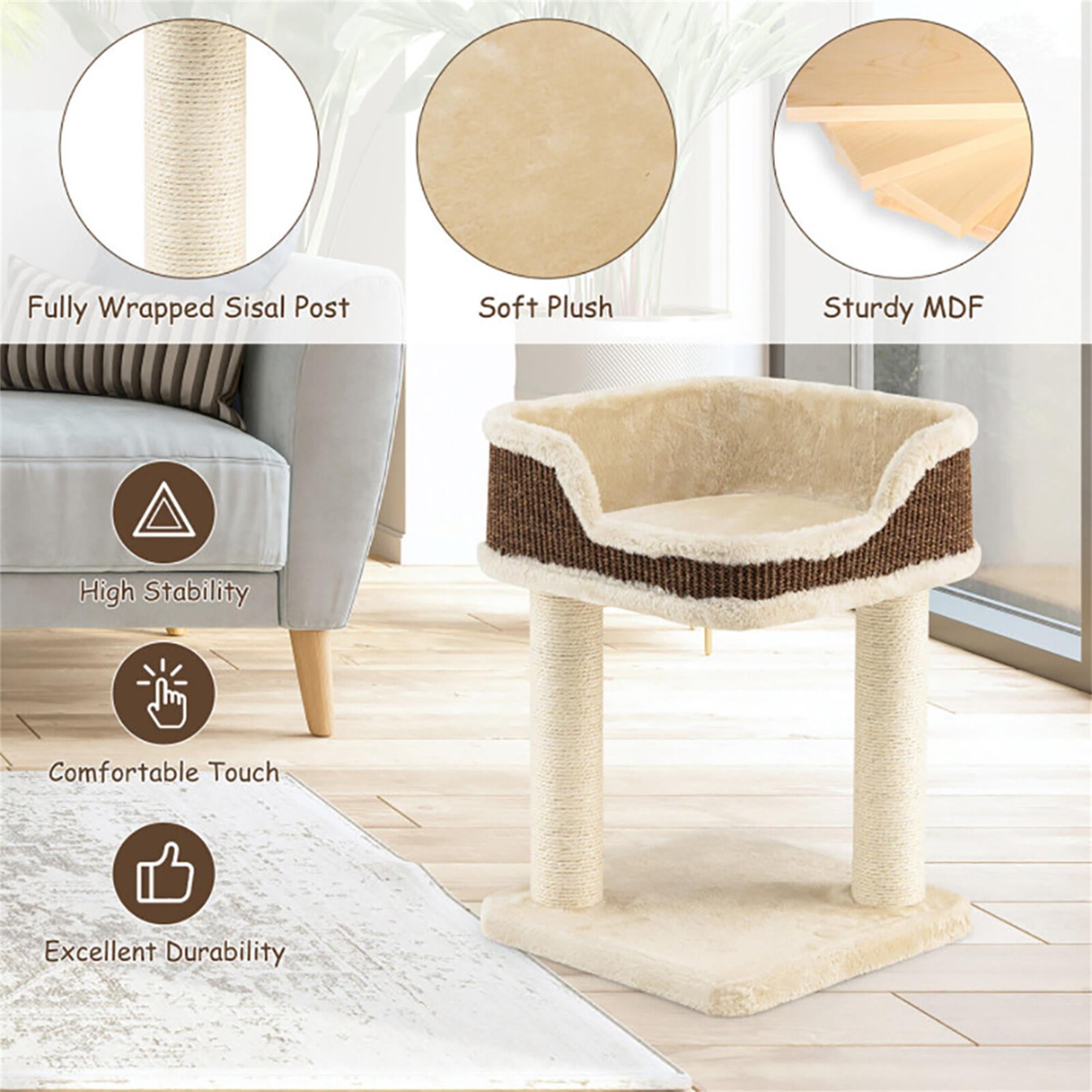 Kadyn 16" Cat Tree Tower for Indoor Cats with Large Plush Perch, Natural Sisal Scratching Post for Small Cats, Beige