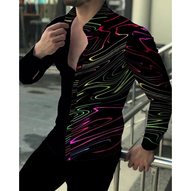 Moda de otoño Nuevo diseñador Top gráfico de relámpago Batik geométrico colorido Ropa de manga larga para uso diario Solapa de botón delgada para hombres