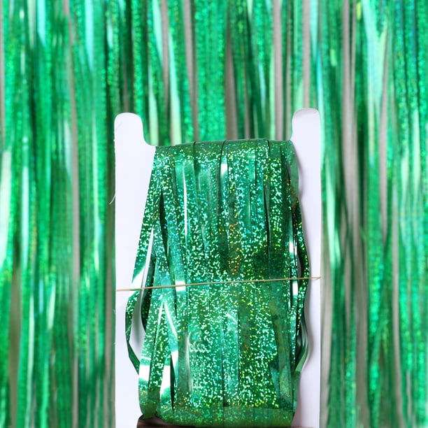 Nvzi Paquete de 5 cortinas con flecos de papel de aluminio plateado de 3,28 x 8,2 pies, serpentinas de oropel para decoraciones de fiesta de cumpleaños, fiesta de discoteca, verde