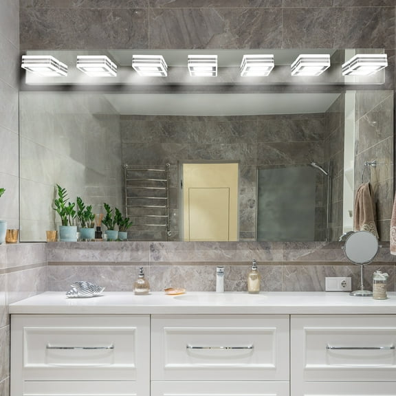 45" Luxury Chrome 7-Light LED Vanity Light, Bathroom Fixture with Crystal Clear Acrylic Shades, Adjustable 180° Rotating Heads for Makeup Vanity and Mirror