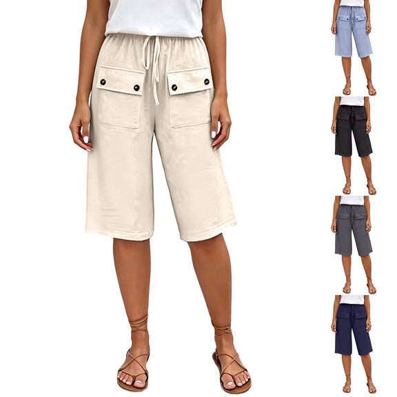 VBVC Women's Cotton Linen Drawstring Bermuda Shorts , Casual Knee Length Shorts For Women , Ladies' Summer Straight Leg Shorts with Pockets,Beige,S-3XL
