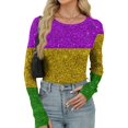 thumbnail image 4 of Womens Mardi Gras Shirts Sparkly Carnival Long Sleeve Blouse Feathers Print Crew Neck Holiday Tops Gold XL, 4 of 5