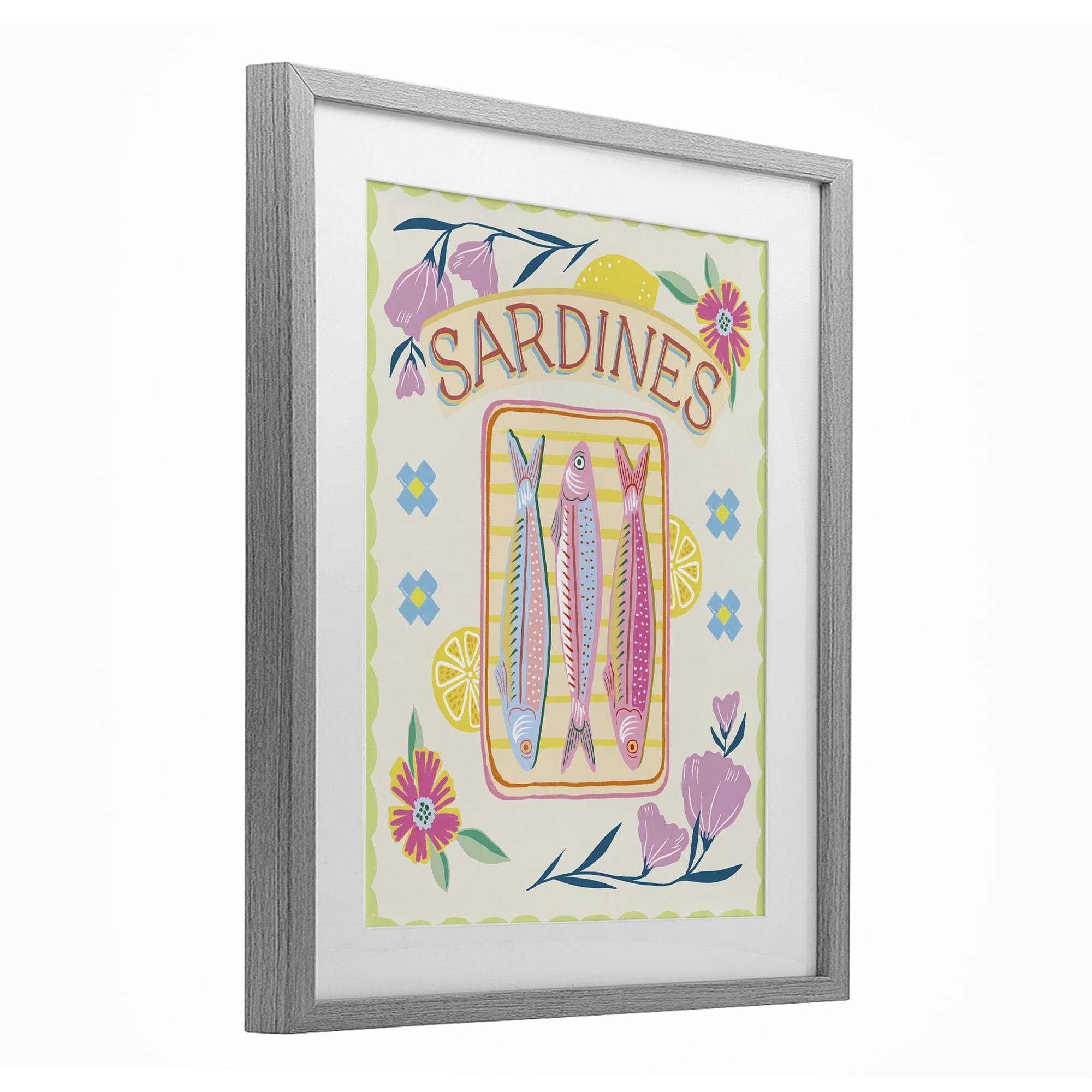 Stupell Industries Pastel Sardines & Flowers Gray Framed Print Under Glass, design by Jo Reid