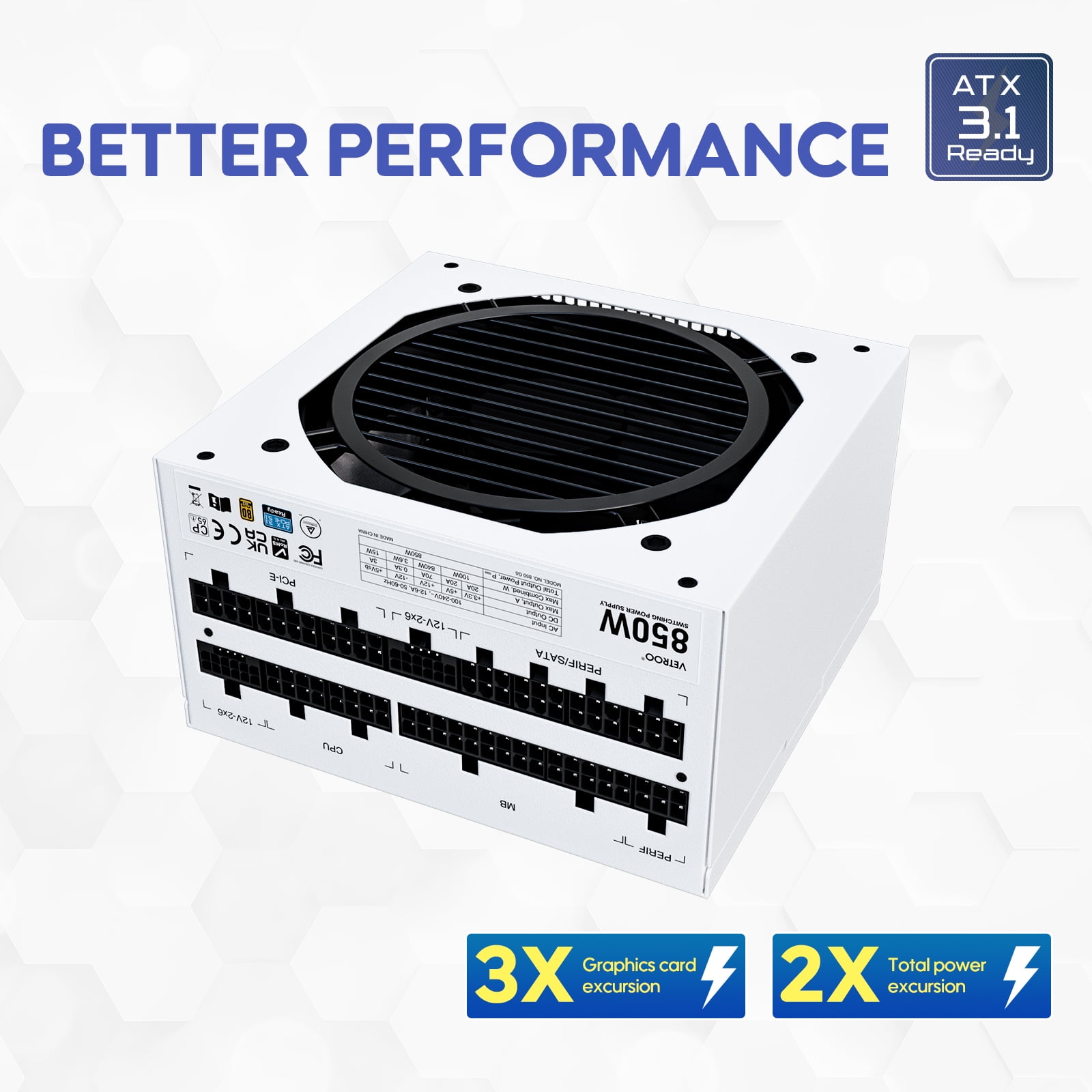Vetroo 850W Power Supply Dual PCIe 5.1 ATX 3.1 Ready, 80 Plus Gold Full Modular, Quiet Operation with 120mm FDB Fan, 10-Year Warranty - White