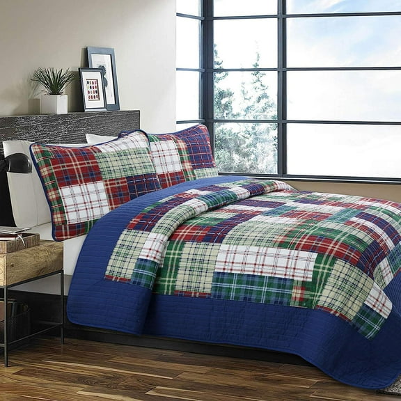 Bilot Navy Blue Green Red Plaid 100% Cotton Quilt Bedding Set, Reversible Coverlet, Bedspread (England Patchwork, - 2 Piece)