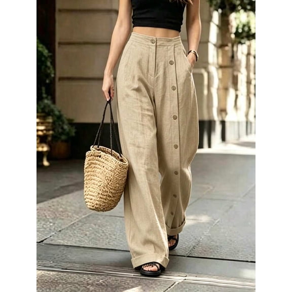 Women's High Waist Wide Leg Pants, Side Button Pleated Flowy Trousers with Pockets for Work, Office, Everyday & Casual Wear