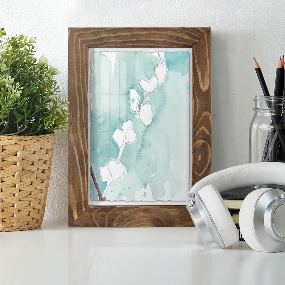 Ginkgo on Dusty Teal V - Framed Print w/glass - Walnut