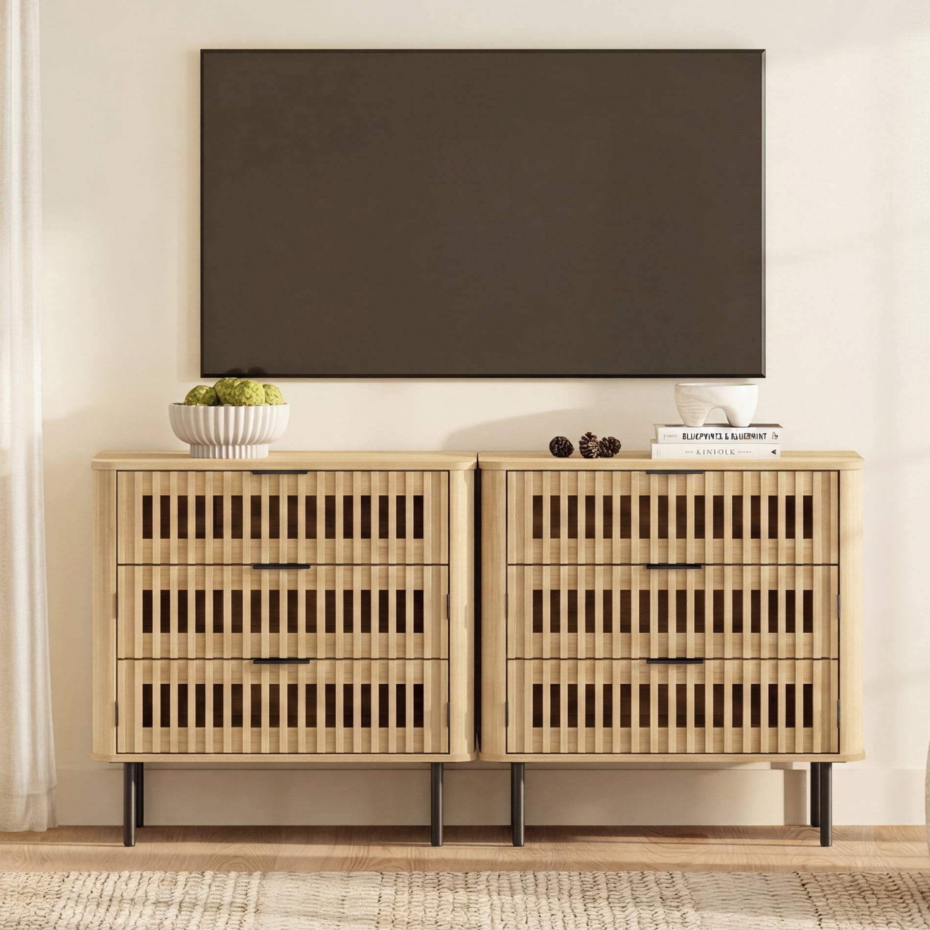 63"W Sideboard Buffet Cabinet with Storage, Fluted Kitchen Buffet Storage Cabinet with 6 Drawer, Large Coffee Bar Cabinet, Modern Buffet Table for Dining Living Room, Oak