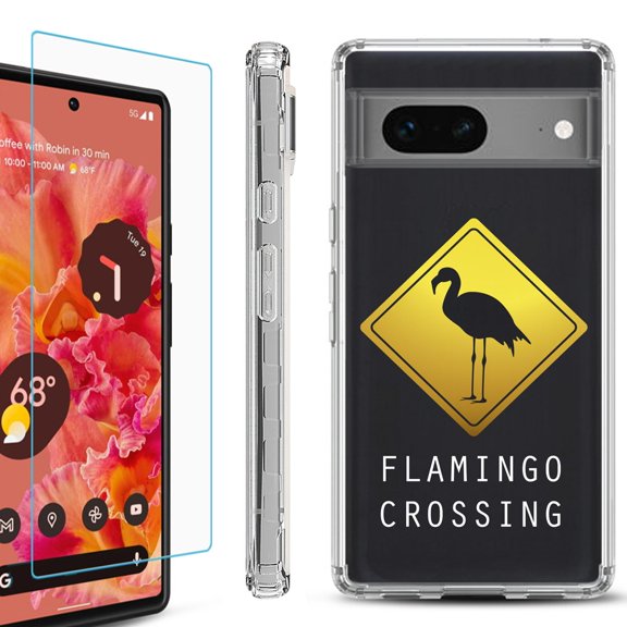 Shockproof Bumper Phone Case for Google Pixel 7, with Tempered Glass Screen Protector, by OneToughShield ® - Flamingo