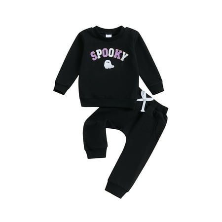 

Wilcliar Toddler Boys Halloween Sets Long Sleeve Letter Ghost Embroidery Tops Solid Color Pants