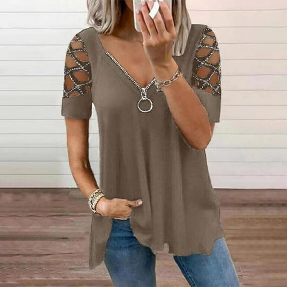 Womens Tops and Blouses Summer Women's Hot Diamond Hollow Zipper Short Sleeve Tops clothes under $10.00