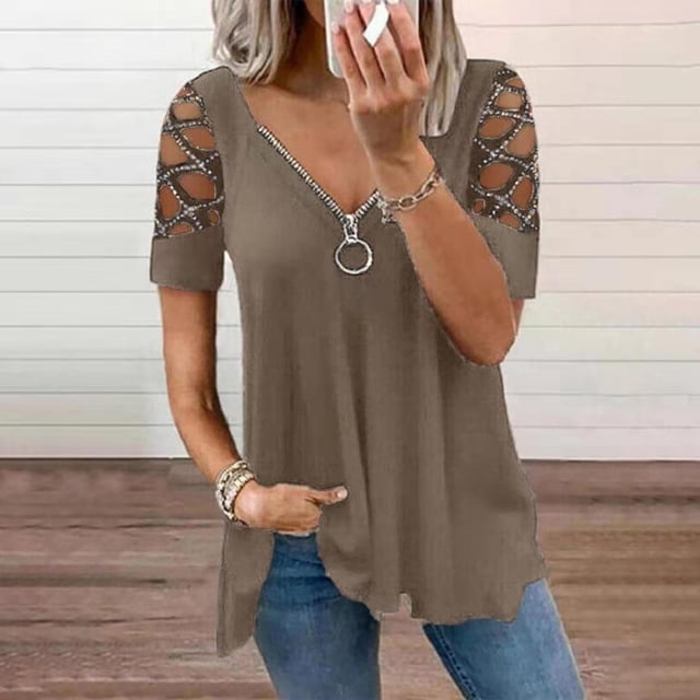 ICHUANYI Clearance Women's Summer Hot Diamond Hollow Sexy Fashion Zipper Short Sleeve Tops(Khaki, XL) ICHUANYI WER2023081000949