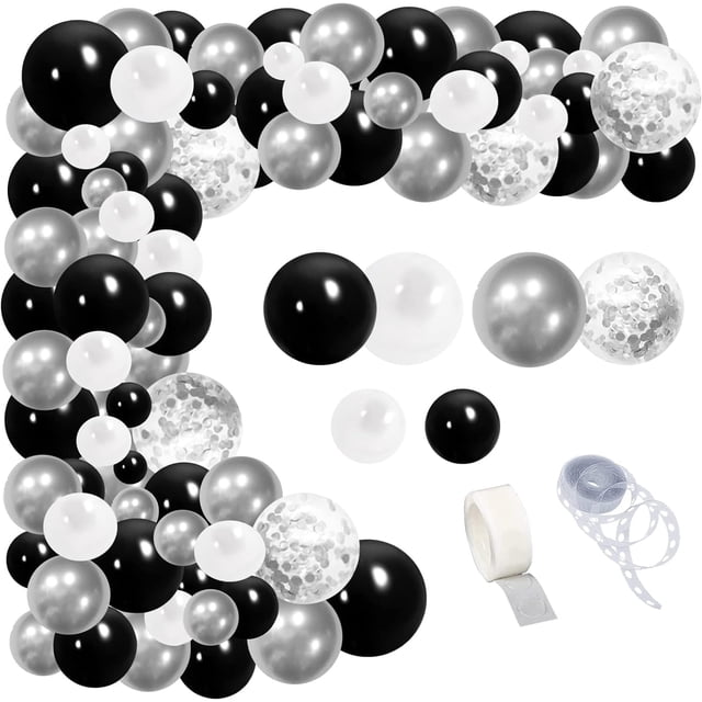 Globos Negros Metálicos,Globos Latex y Confeti Plateado (Plata) Negros Blancos,99 Piezas Kit de Globos de Fiesta,Globos Decoración adornos fiesta de cumpleaños, Despedida soltera, Baby Shower