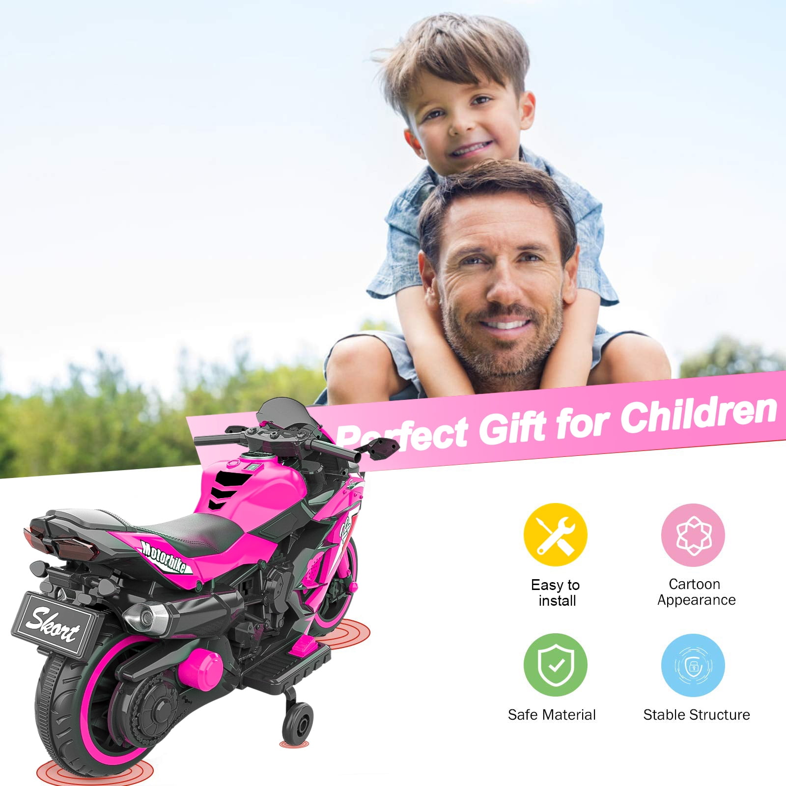 TaTee 12V Kids Electric Motorcycle, Battery Powered Ride-On Toy with Training Wheels for Boys & Girls Ages 3-6, Bluetooth Music & LED Lights, Pink
