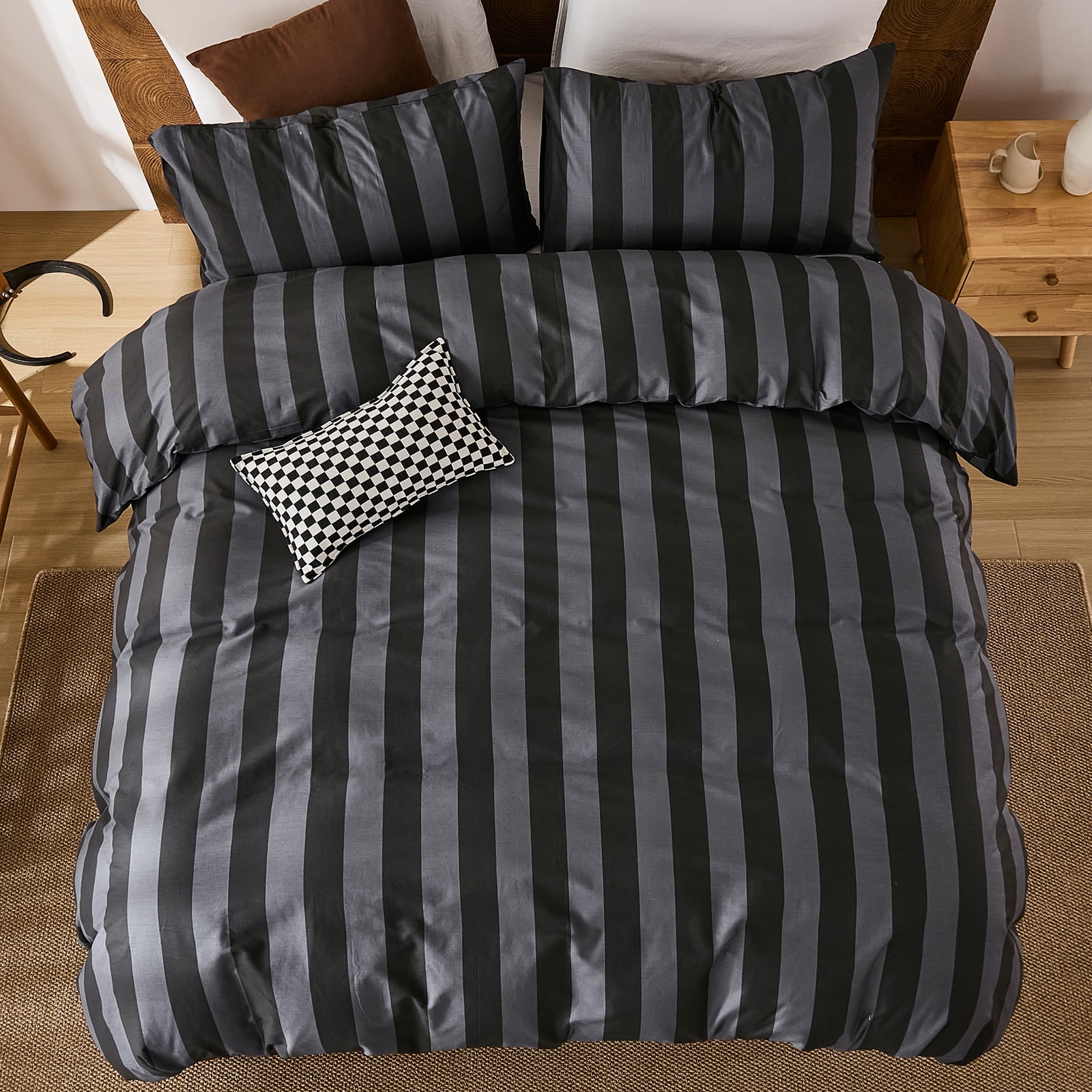 100% Cotton Stripe Duvet Cover Set Queen Size - Gray Striped Duvet Cover Set with Zipper Closure & 8 Corner Ties, Modern Minimalist Wide Stripe Bedding Set for Cozy Elegant Bedroom