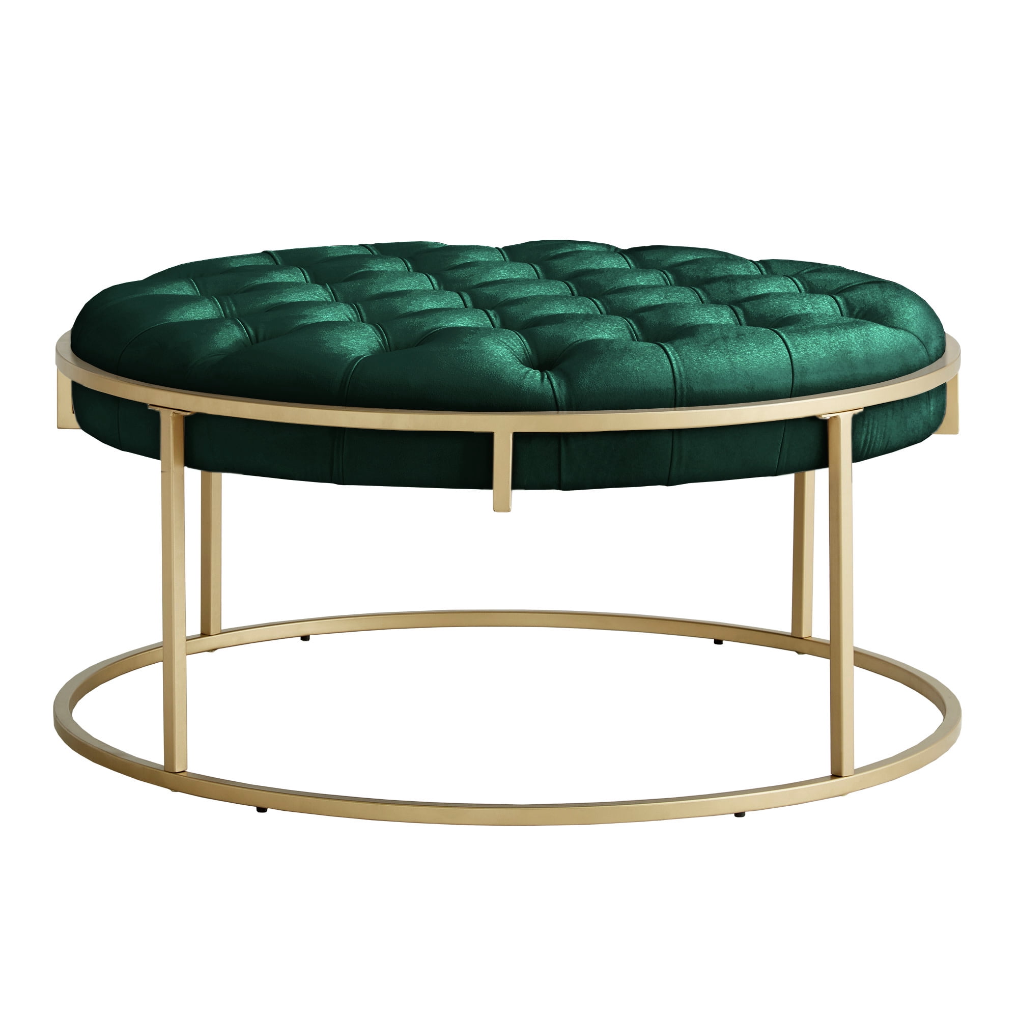 Weston Home Oddie Gold Finish Velvet Button Tufted Round Ottoman, Dark Green