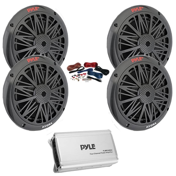 Two Pairs (QTY 4) Of Pyle PLMR6KB 6.5'' 200 Watt Dual 2-Way Full Range Stereo Sound Water Resistant Marine Black Speakers, 4-Channel Weather-Resistant Class D Amplifier W/Kit