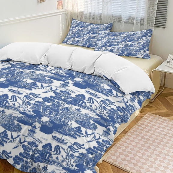 Willow Pattern Cobalt Blue Duvet Cover Set Themed Multicolor Polyester Bedding Set for Bedroom Decoration