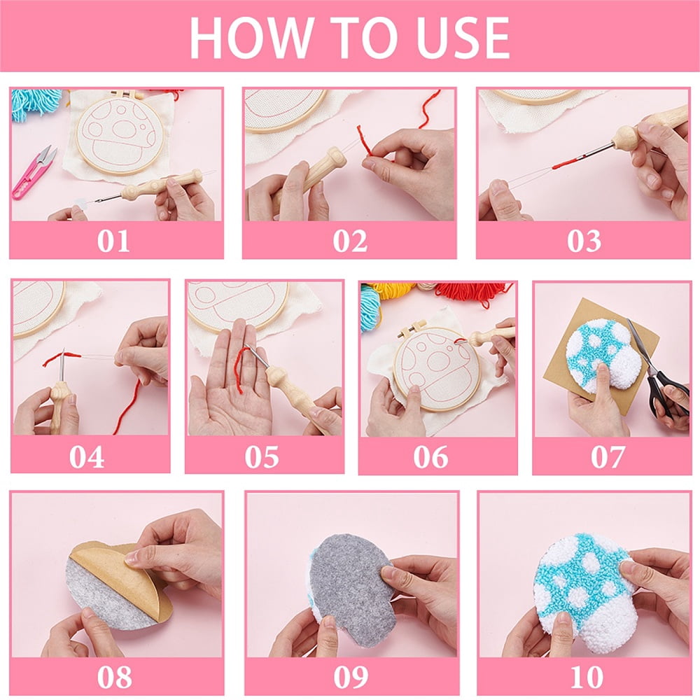 8Pcs 8 Styles DIY Polyester Coaster Punch Embroidery Starter Kits Including Threads Mushroom 116~117x115~118mm 1pc/style