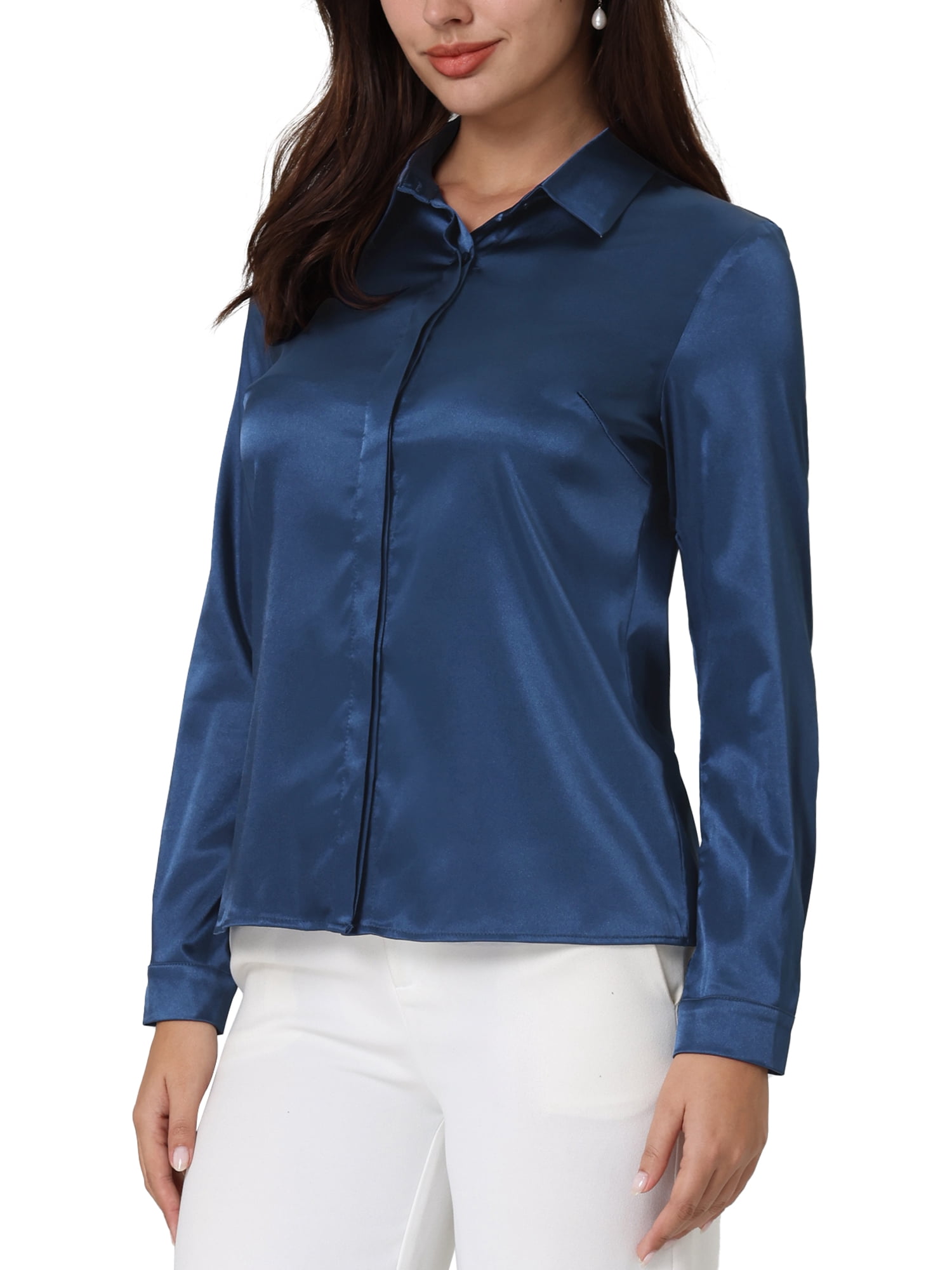 Unique Bargains Women's Satin Blouse Long Sleeve Office Button Down Shirt Top M Dark Blue