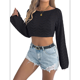 thumbnail image 3 of Blusa de Punto con Cuello Redondo y Mangas Largas para Mujer, Estilo Crochet Calado Negro M, 3 of 7