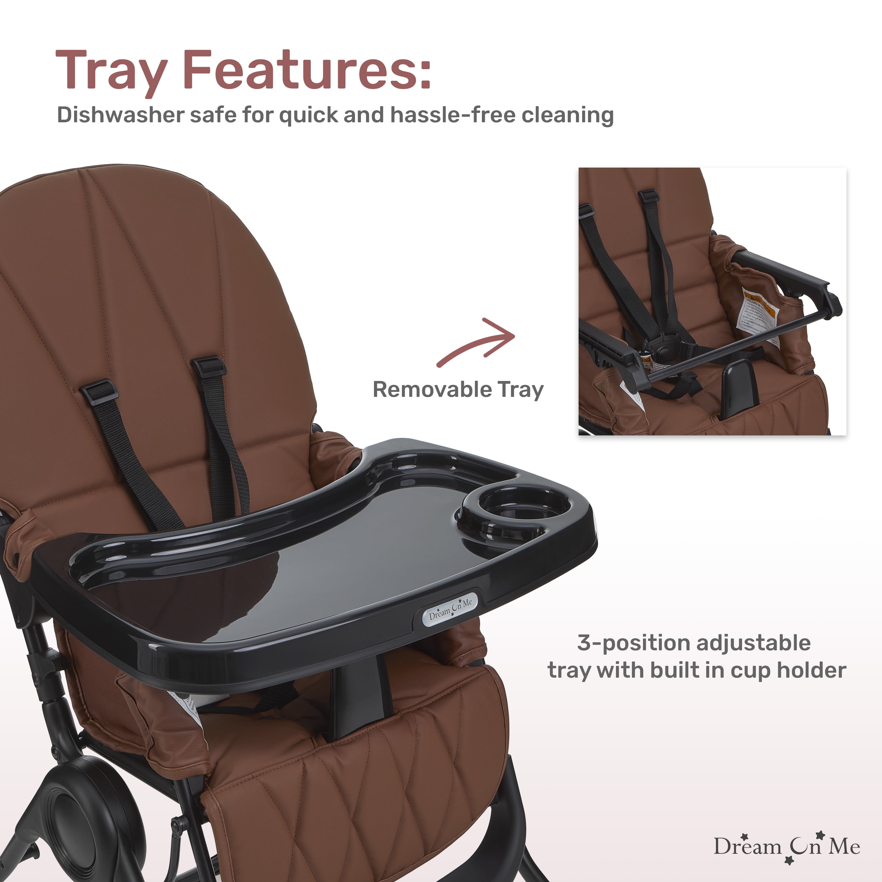 Dream On Me Snack and Stow Baby high Chair, Easy to fold and Store Travel high Chair, Removable and Three Position Adjustable Tray Portable high Chair, Cognac