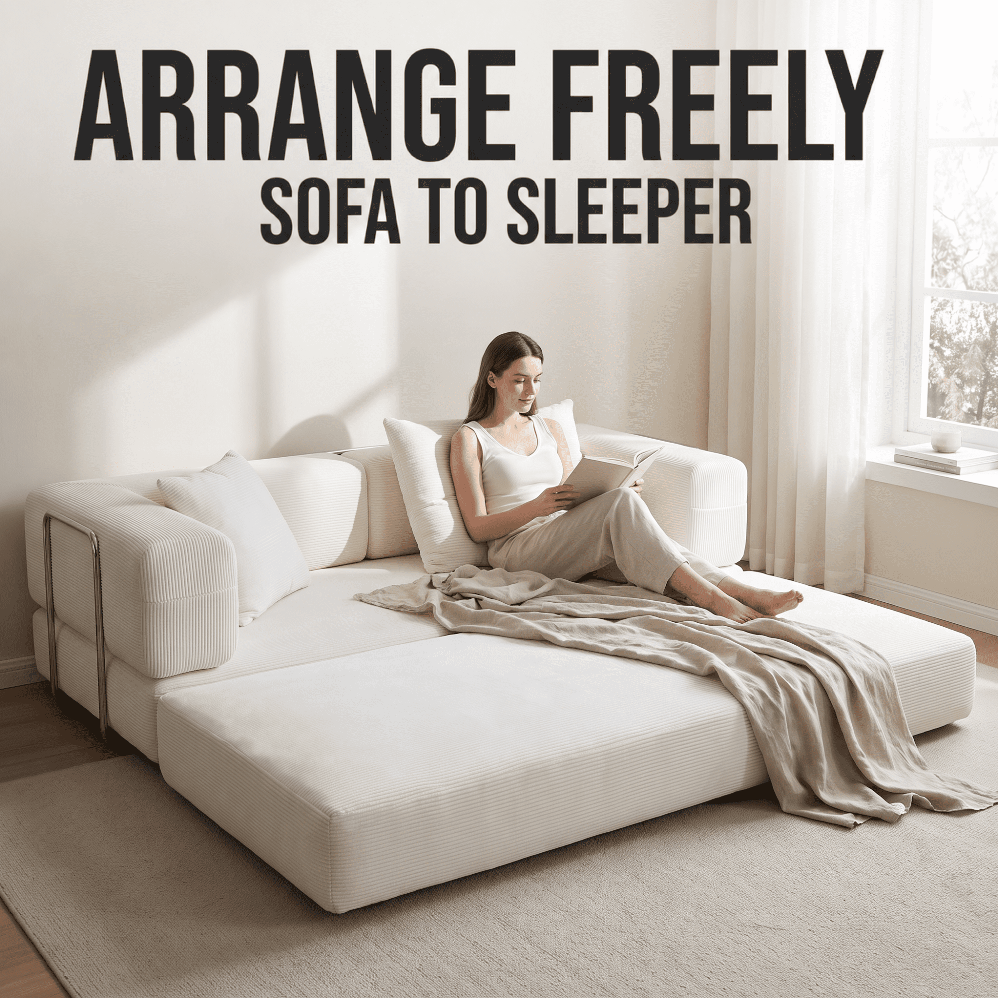 HOQBN Double Sofa Bed, Multifunctional Compression Sofa, Wide Body Pure Spine Sofa, Fine Striped Corduroy Fabric Sofa for Living Room Ancient White