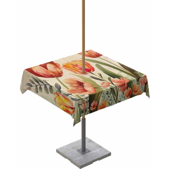 Fsddascl Burnt Orange Spring Floral Outdoor Tablecloth - 60x60 Inch Square Dining Table Cover, Summer Botanical Tulip Vintage Waterproof Outdoor Table Cloth with Umbrella Hole & Zipper for Patio