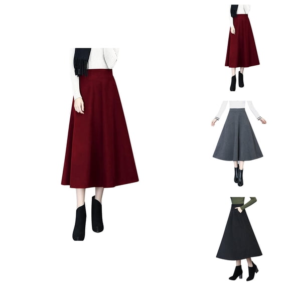 Womens Fall Winter Wool Skirt High Waisted Pleated A Line Flowy Midi Skirt with Pockets