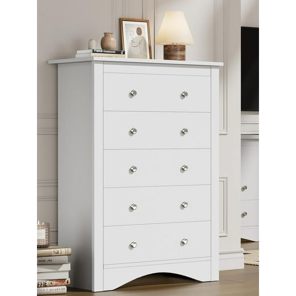 Flamaker Tall Dresser for Bedroom, 5 Drawer Dresser, Wood Dressers, Wide Chest of Drawer, Storage Drawers, Storage Organizer for Closet, Hallway (White)