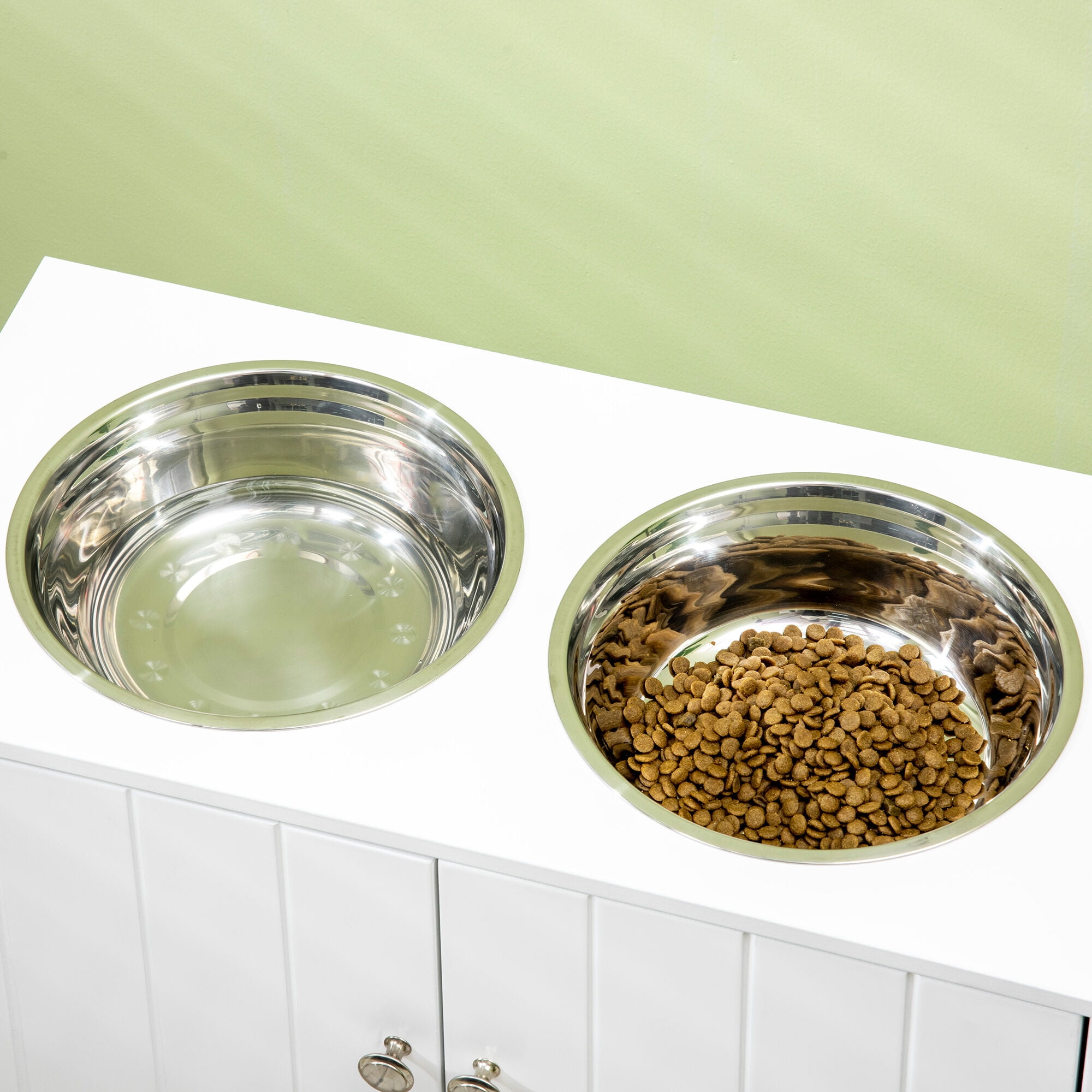 Orthopedic Dog Bed, PawHut Large Elevated Dog Bowls with Storage Cabinet Containing Large 44L Capacity, Raised Dog Bowl Stand Pet Food Bowl Dog Feeding Station, White, White Dog Bed,Steel Cat Bed