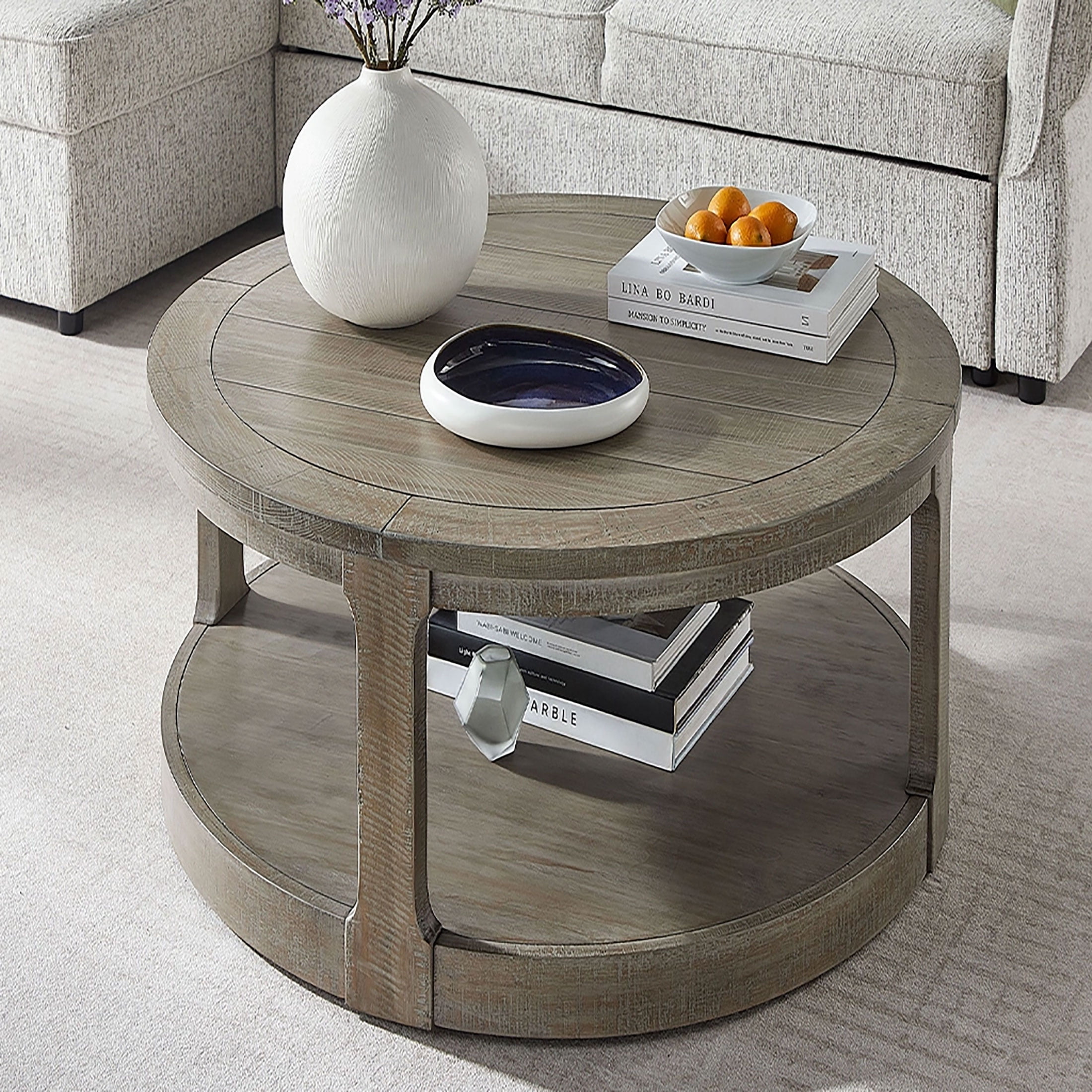 Kevinplus 2 Tier Coffee Table,Traditional Round Circle Wooden Table with Wheels for Living Room, Office, Apartment, Light Brown