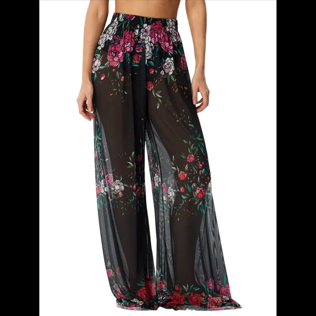 Pantalones Anchos de Cintura Alta con Elástico para Mujer, Pantalones Casuales Largos para Estar en Casa Rosa Roja XL